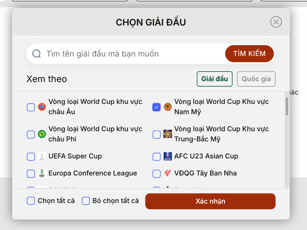 Chức năng lọc để xem chỉ mỗi kèo Nam Mỹ